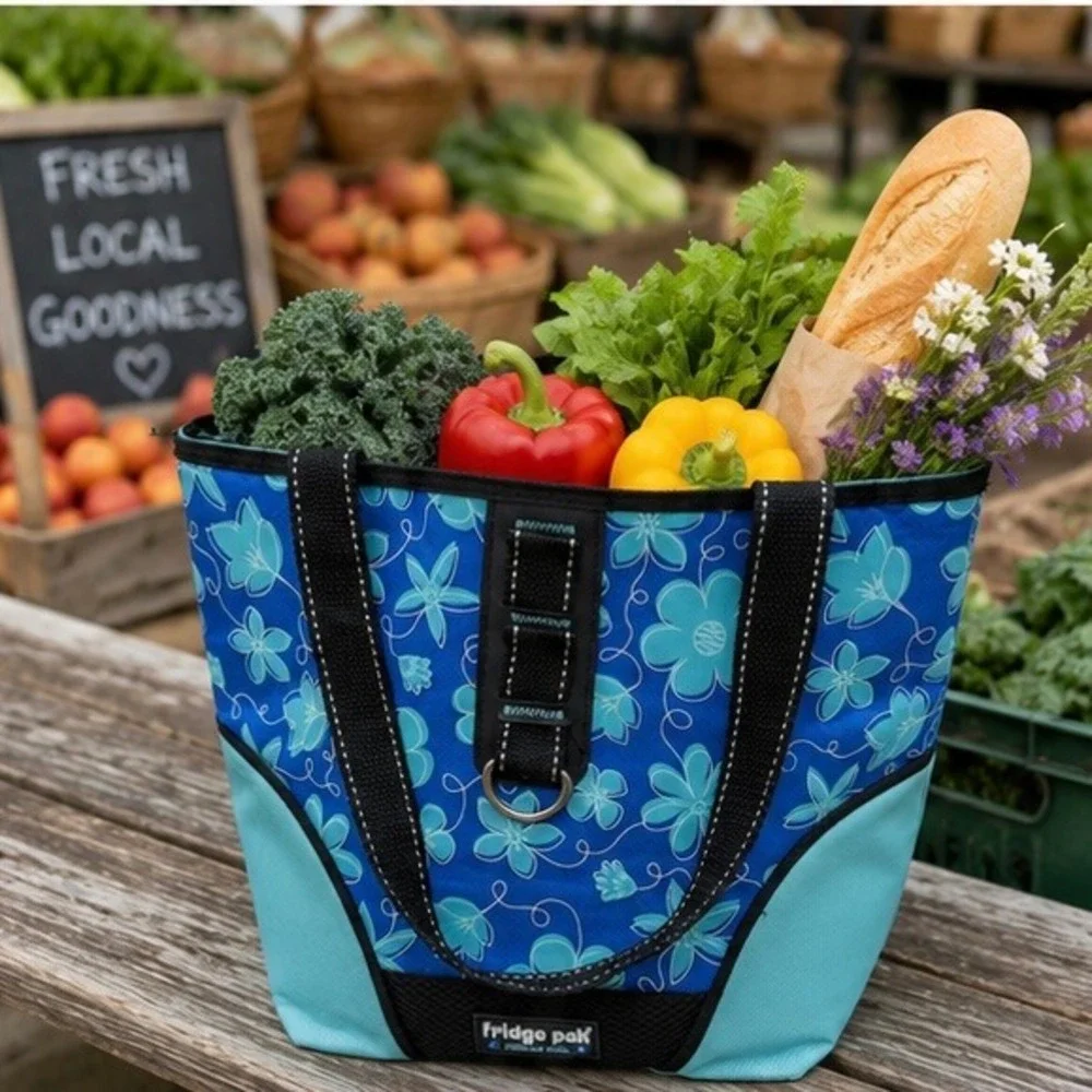 Fridge Pak Really Cool Blue Teal Floral Insulated Lunch Tote Bag Zippered Canvas